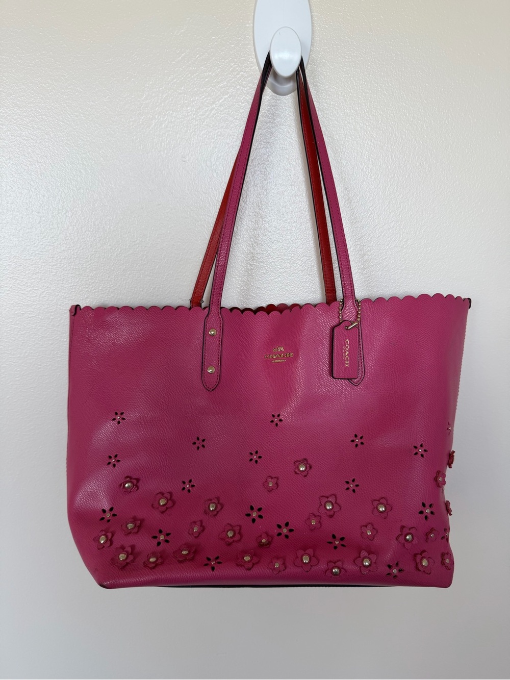 COACH Metro Fuschia Leather Tote w/ Floral Embellishments and Scalloped Top Edge